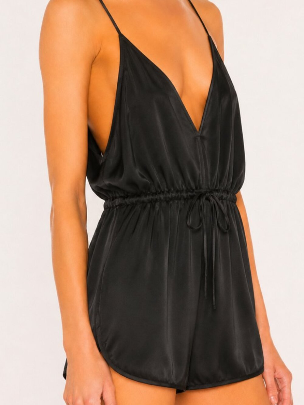 Revolve NBD Charlise Black Satin V-Neck Drawstring Shorts Slip Romper SZ Small